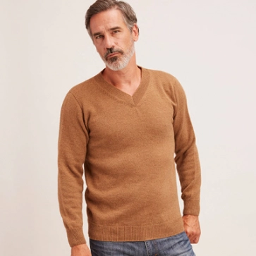 Pull laine chameau col V homme