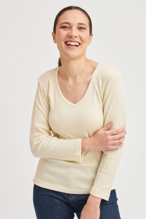 T-shirt laine mérinos manches longues col V pour femme